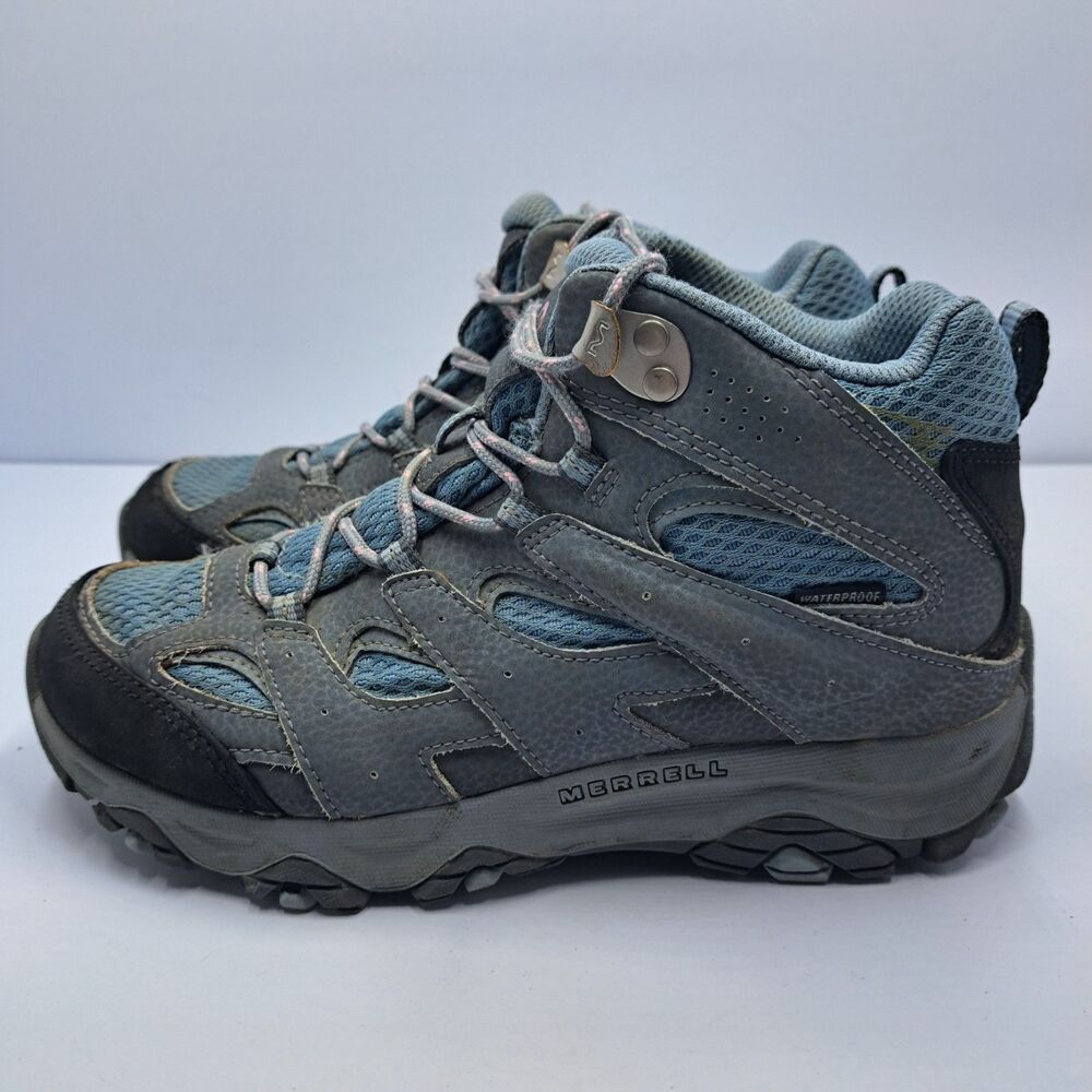 Merrell Kids Moab 3 Mid Waterproof Hiking Boots Size 4.5 Kids Gray Blue Pink - Picture 3 of 9